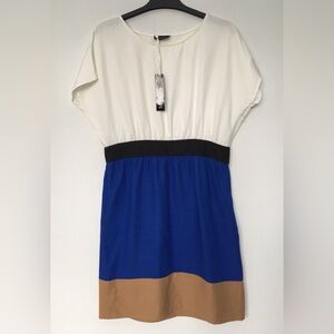 MAX&Co. Colorblock Blue / Ivory White / Golden Brown Dress Cinched Waist Size 10
